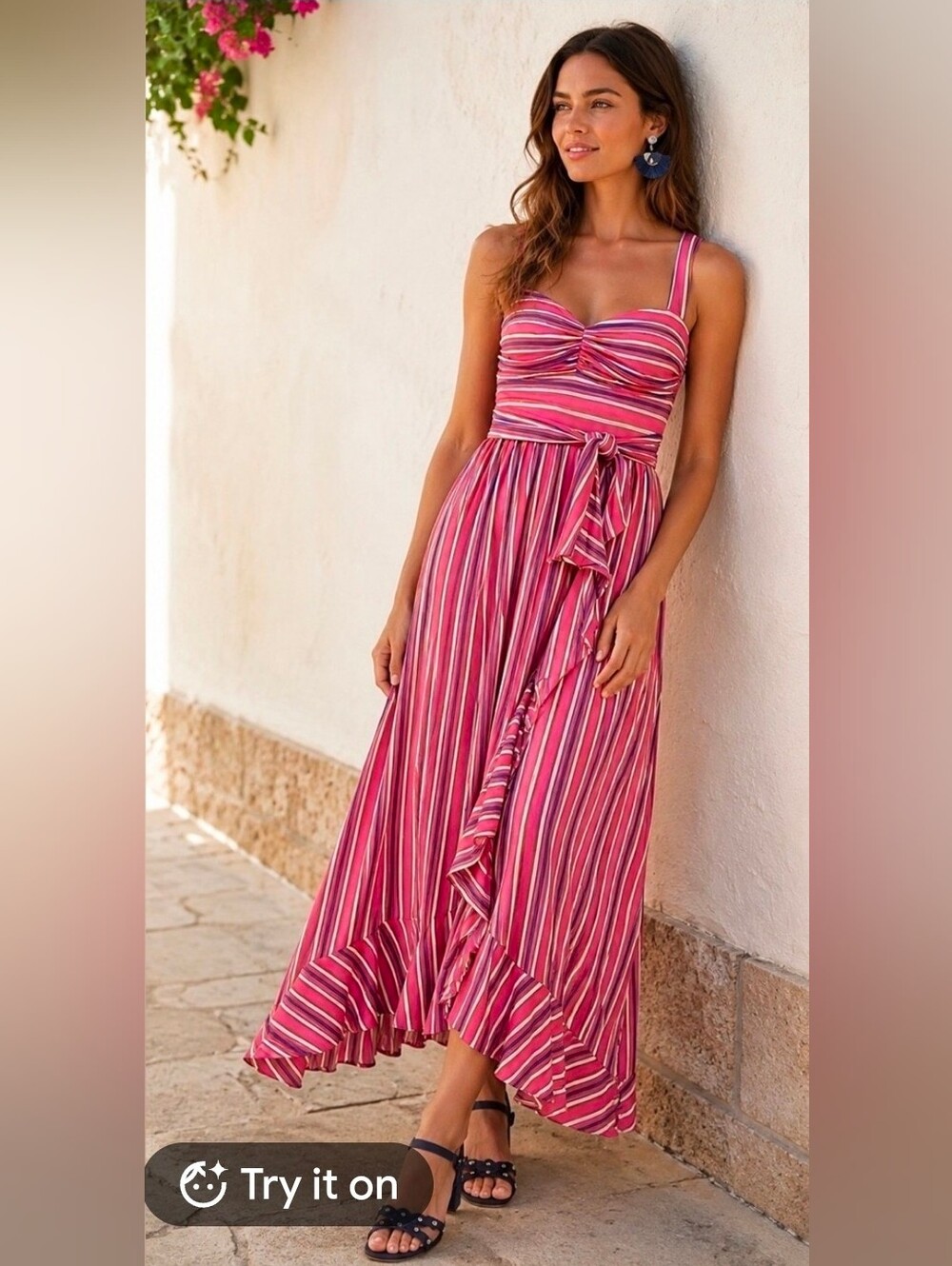 Maeve Pink & White Striped Tie-Waist Maxi Dress